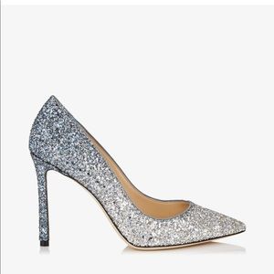 Jimmy Choo ROMY 100
Silver and Dusk Blue Fireball Glitter Dégradé Fabric Pointy